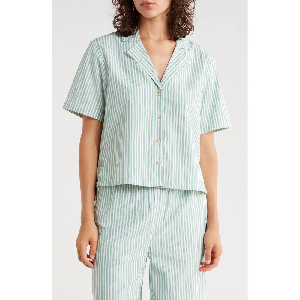 Scotch & Soda Women Green White Striped Short Sleeve Button Down Shirt Small